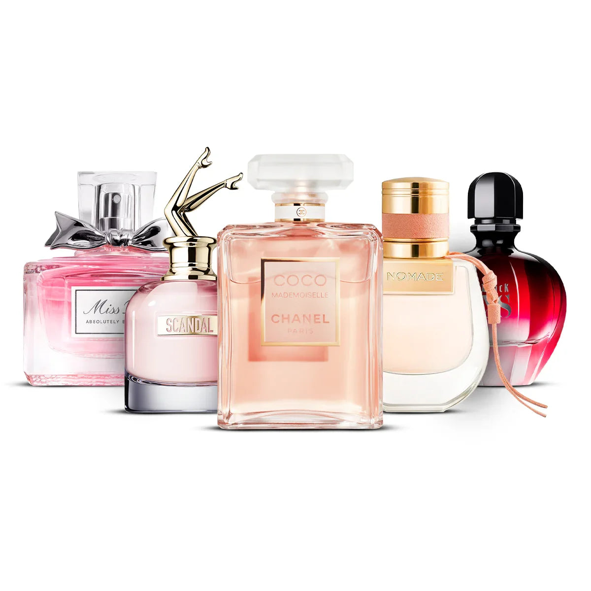 Combo de 5 Perfumes: Miss Dior Blooming Bouquet, Scandal, Coco Mademoiselle, Nomade, Black XS 100ml