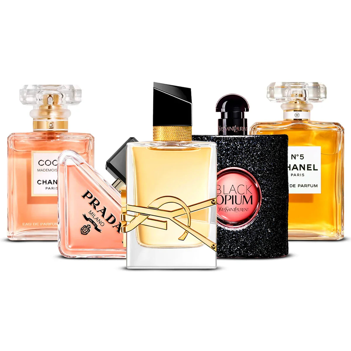 Combo de 5 Perfumes: Coco Mademoiselle, Paradoxe, Libre, Black Opium, Chanel N°5 100ml