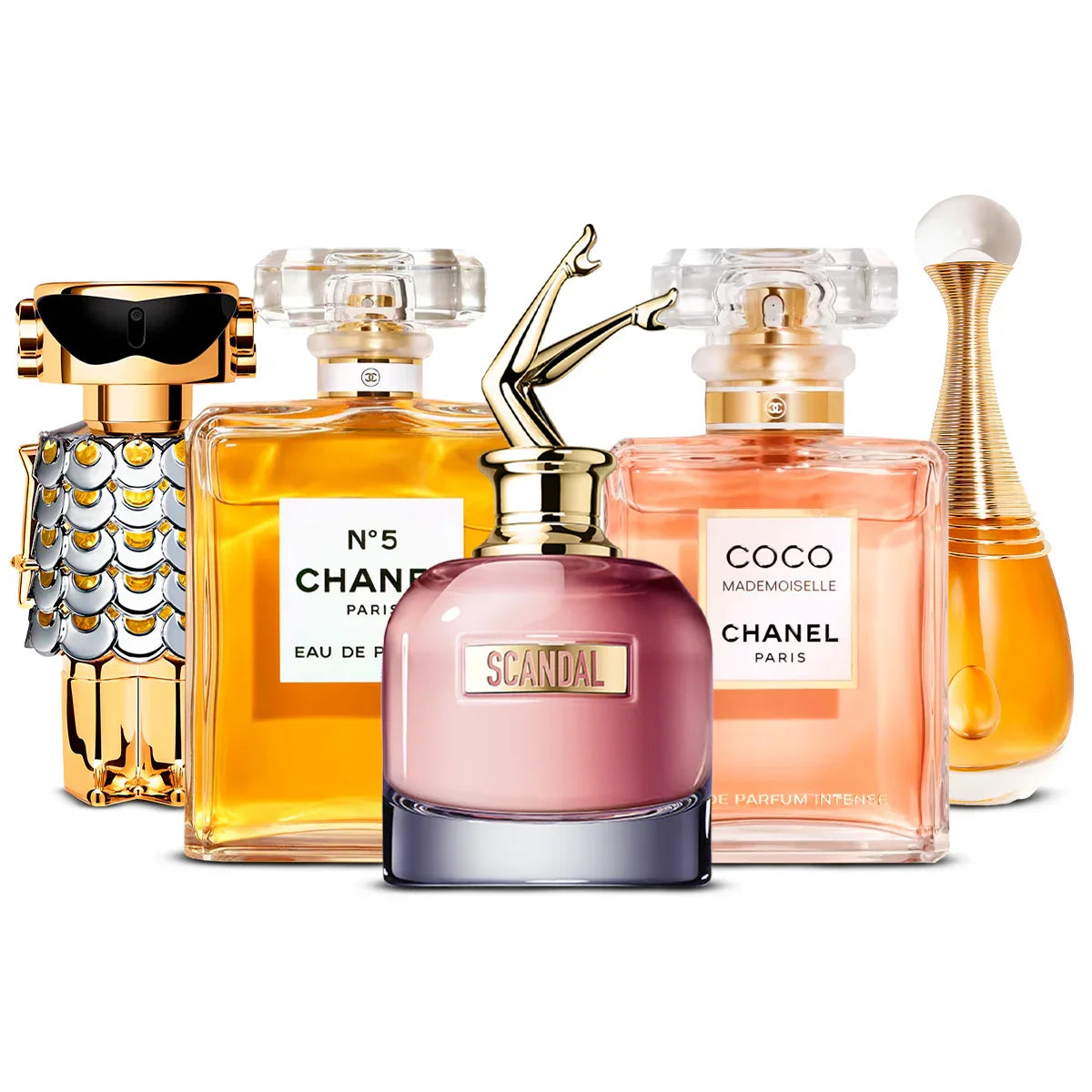 Combo de 5 Perfumes: Fame, Chanel N°5, Scandal, Coco Mademoiselle, J'adore 100ml