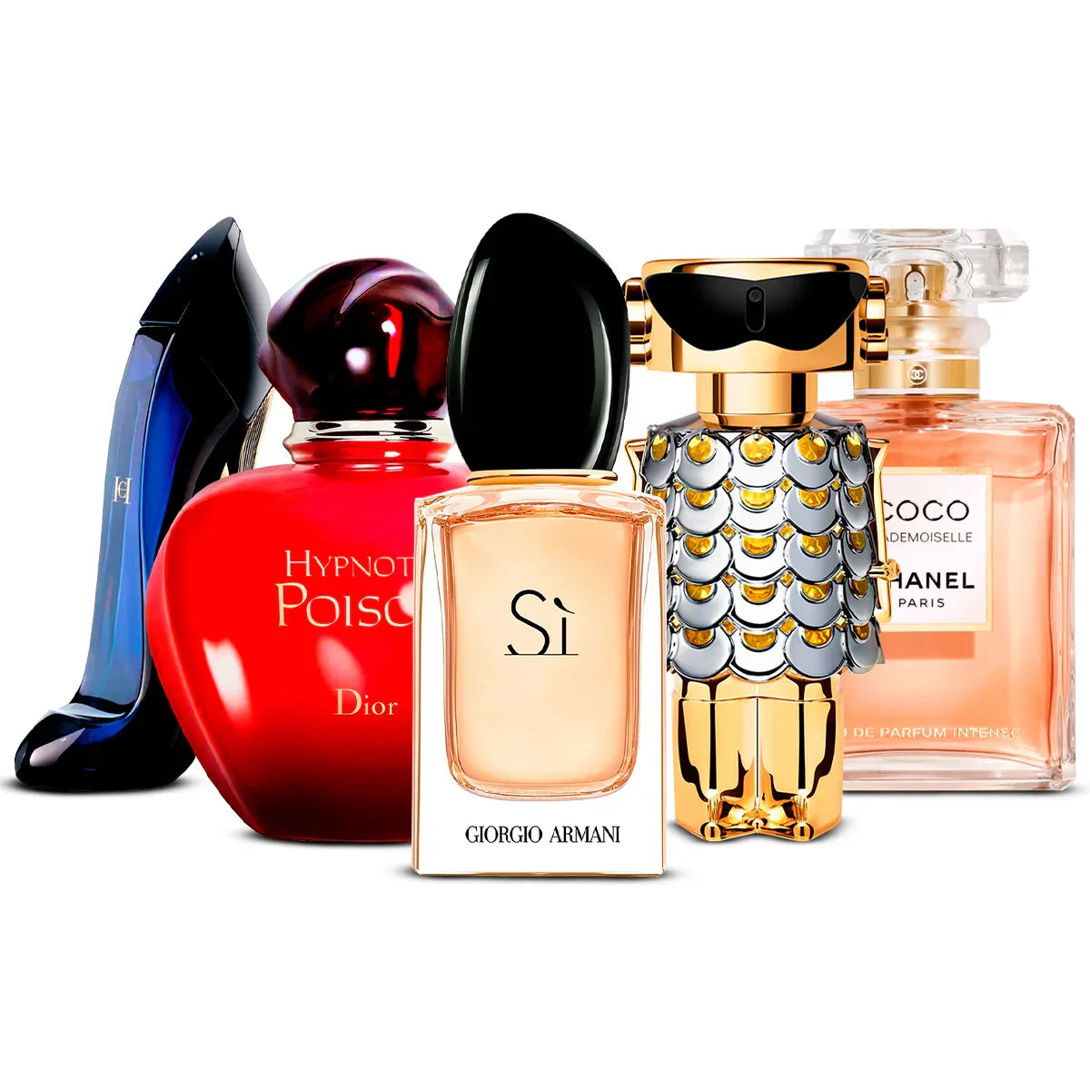 Combo de 5 Perfumes: Good Girl, Hypnotic Poison, Giorgio Armani Sì, Fame, Coco Mademoiselle 100ml