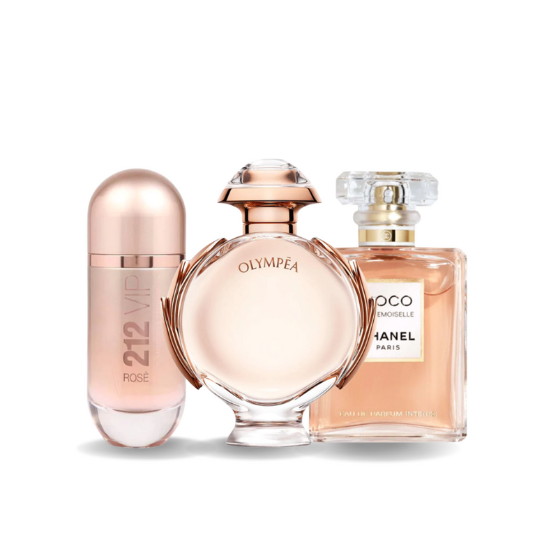 Combo de 3 Perfumes: Carolina Herrera 212 VIP ROSÉ, Paco Rabanne OLYMPÉA e Chanel COCO MADEMOISELLE