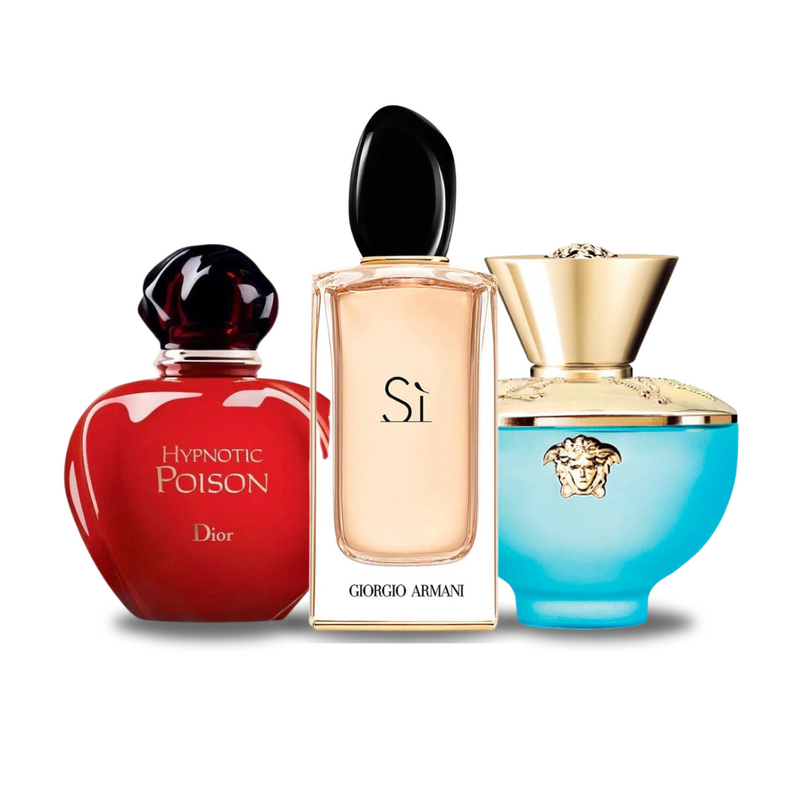 Combo de 3 Perfumes: Dior HYPNOTIC POISON, Giorgio Armani SÌ e Versace DYLAN TURQUOISE 100ml