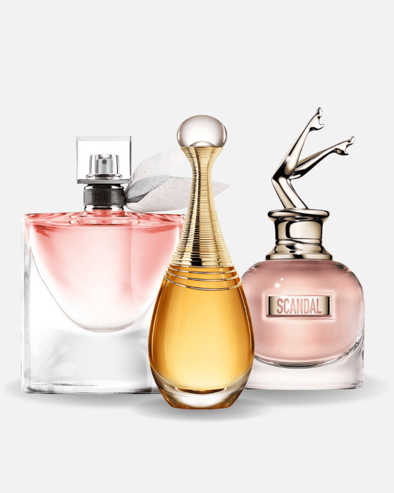 Set di 3 profumi: Jean Paul Gaultier SCANDAL, Dior J'ADORE e Lancôme LA VIE EST BELLE 100ml