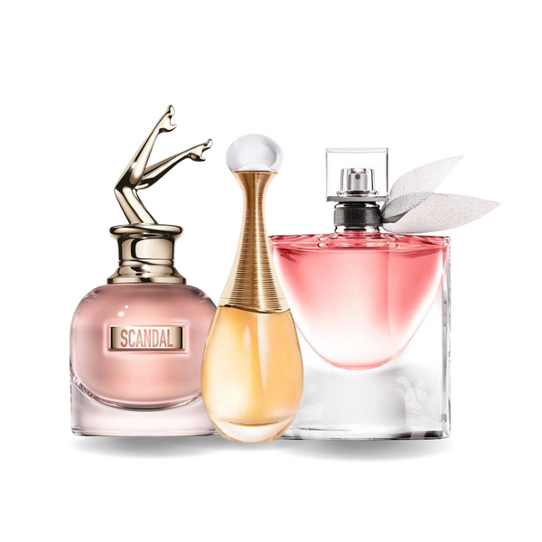 Combo de 3 Perfumes: Jean Paul Gaultier SCANDAL, Dior J'ADORE e Lancôme LA VIE EST BELLE 100ml